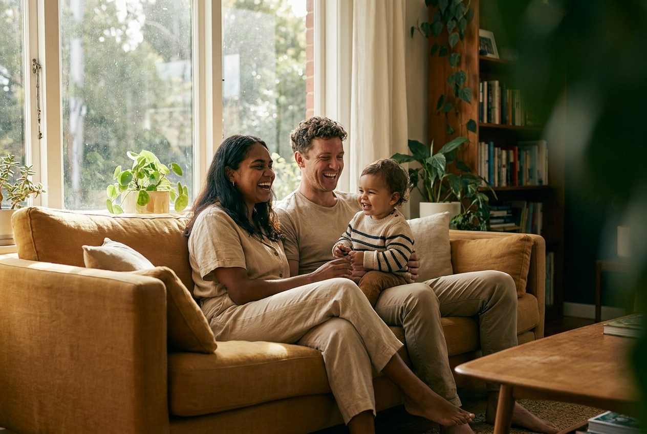 A happy family relaxing together in the living room of their new home